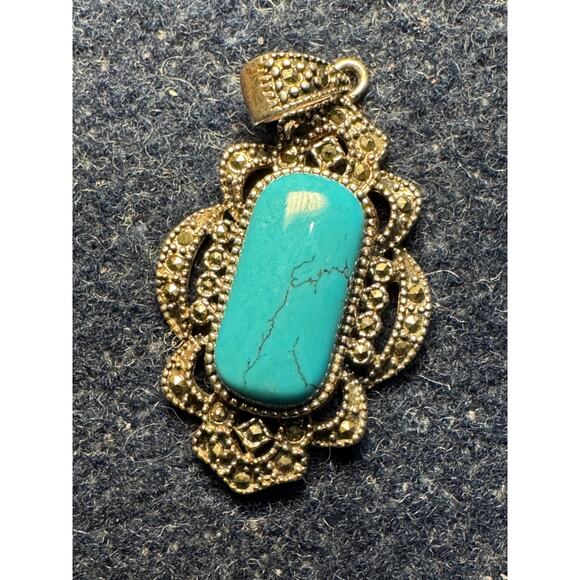 925 Silver Rectangular Turquoise Cabochon Marcasite Pendant